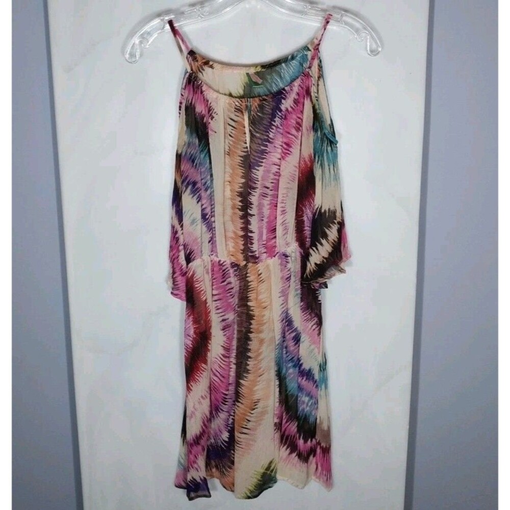 Anthro Pinkerton 100% Silk Boho Mini Dress M Cold Shoulder Ikat Sheer Festival